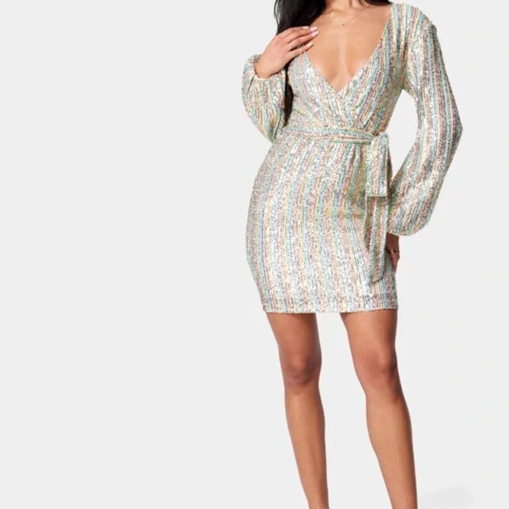 *NWT*Bebe Rainbow Sequin Tie Front Cocktail Dress